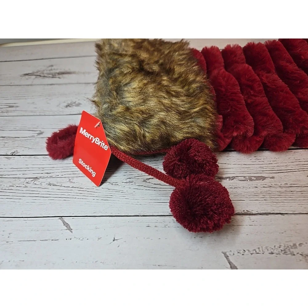 Merry Bright Faux Fur Burgundy Christmas Stocking With Pom-Pom Accent 21